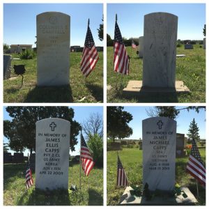Four gravestones: WW I, WW II, Korea, and Vietnam
